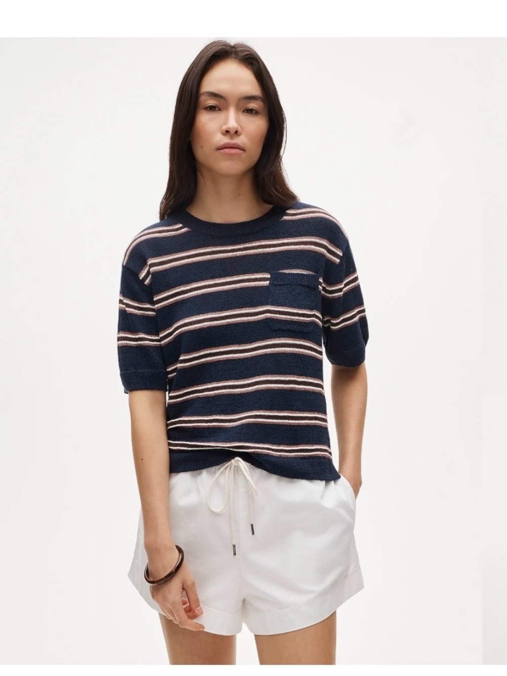 J. Crew NWT Relaxed Pocket Linen Sweater Tee Navy and Tan Striped XS CT946 $98